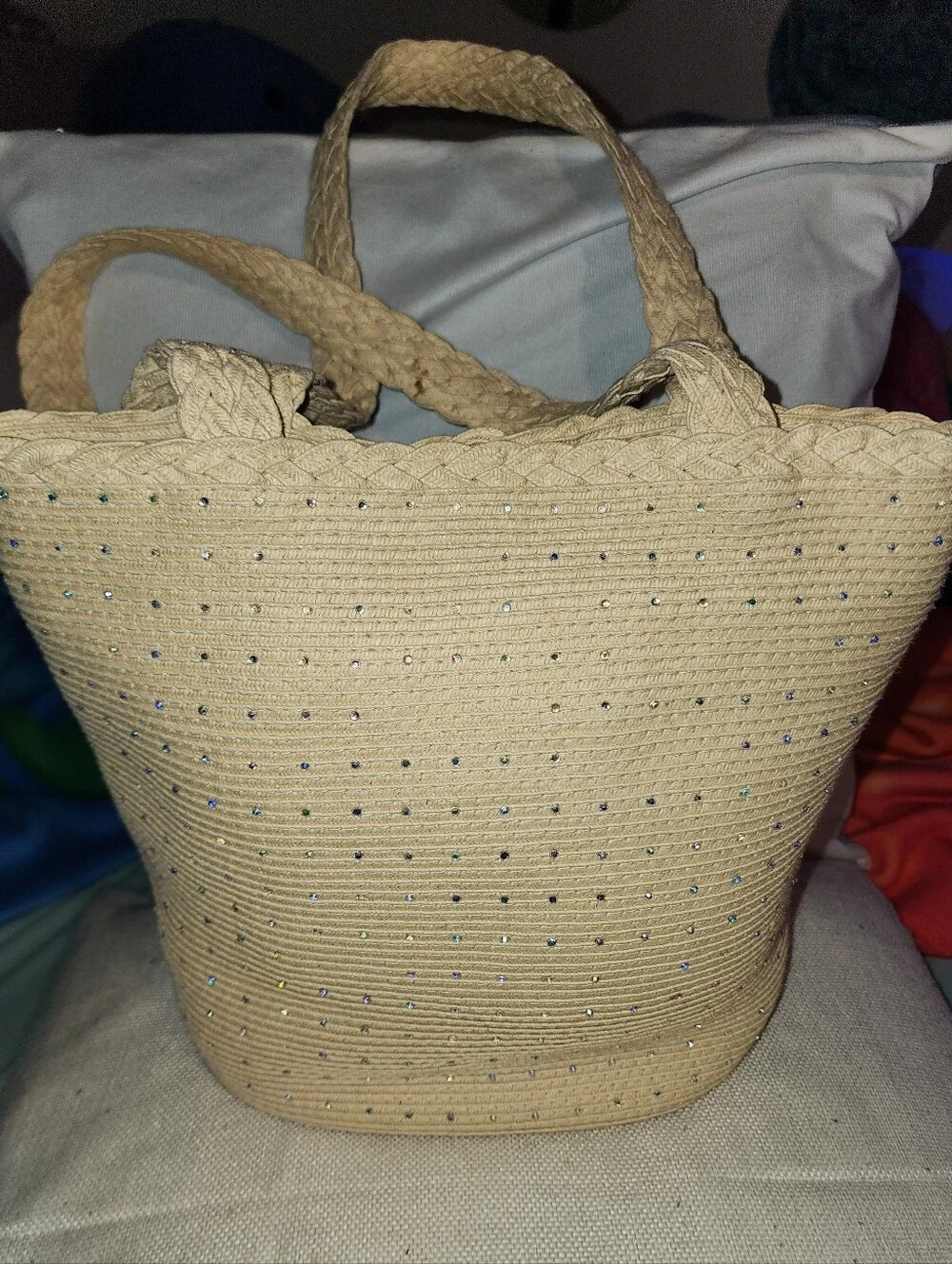 Capelli Beige Braided Weaved Rafia Tote Handbag with Rhinestone Accents